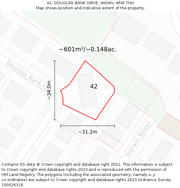 42, DOUGLAS BANK DRIVE, WIGAN, WN6 7NH: Plot and title map
