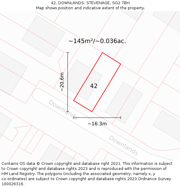 42, DOWNLANDS, STEVENAGE, SG2 7BH: Plot and title map