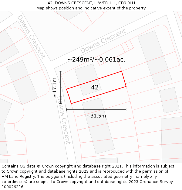 42, DOWNS CRESCENT, HAVERHILL, CB9 9LH: Plot and title map