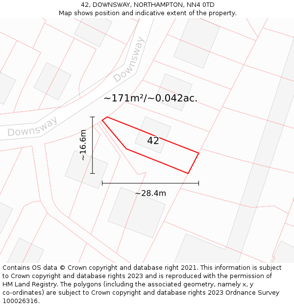 42, DOWNSWAY, NORTHAMPTON, NN4 0TD: Plot and title map