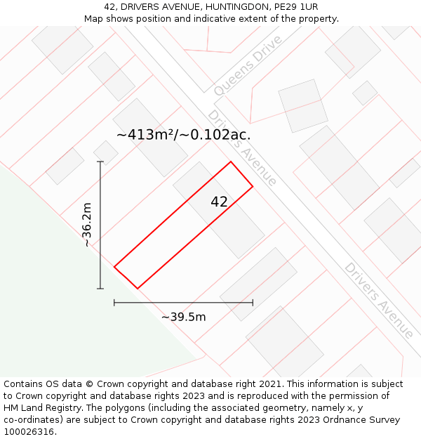 42, DRIVERS AVENUE, HUNTINGDON, PE29 1UR: Plot and title map