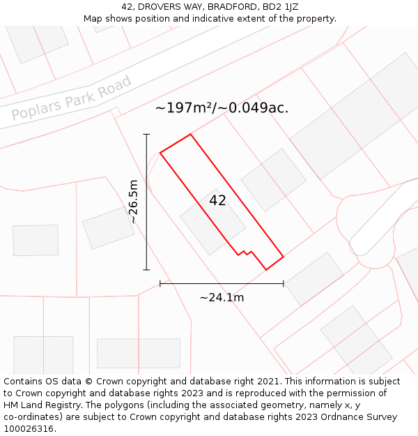 42, DROVERS WAY, BRADFORD, BD2 1JZ: Plot and title map