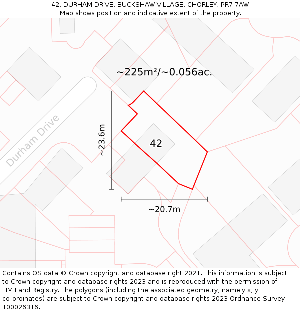 42, DURHAM DRIVE, BUCKSHAW VILLAGE, CHORLEY, PR7 7AW: Plot and title map