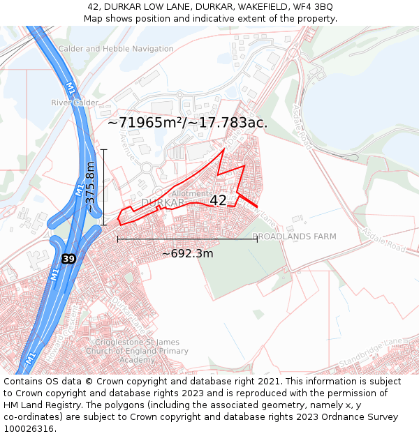 42, DURKAR LOW LANE, DURKAR, WAKEFIELD, WF4 3BQ: Plot and title map
