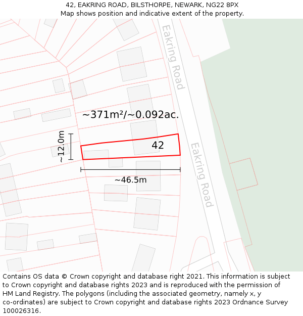 42, EAKRING ROAD, BILSTHORPE, NEWARK, NG22 8PX: Plot and title map