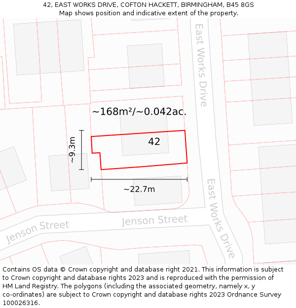 42, EAST WORKS DRIVE, COFTON HACKETT, BIRMINGHAM, B45 8GS: Plot and title map