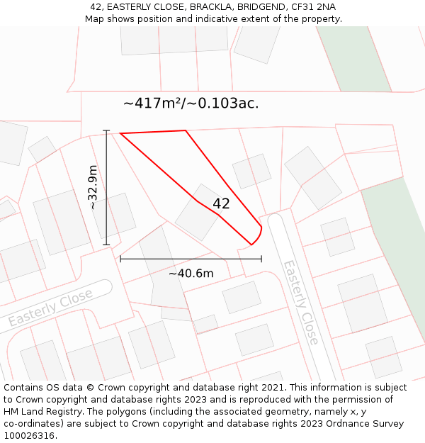 42, EASTERLY CLOSE, BRACKLA, BRIDGEND, CF31 2NA: Plot and title map