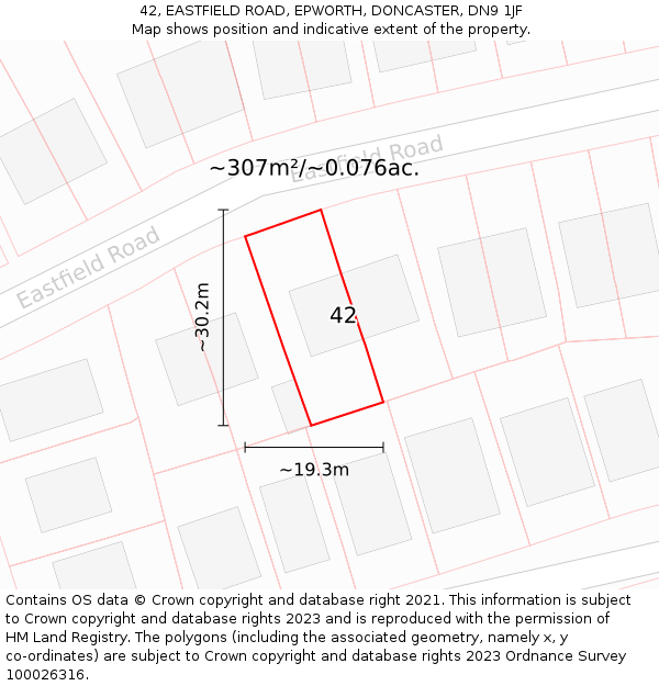 42, EASTFIELD ROAD, EPWORTH, DONCASTER, DN9 1JF: Plot and title map