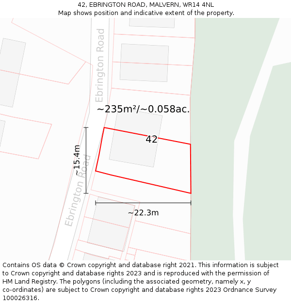 42, EBRINGTON ROAD, MALVERN, WR14 4NL: Plot and title map