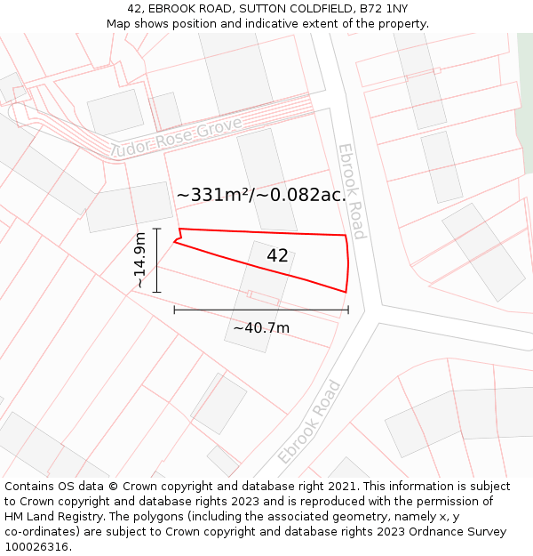 42, EBROOK ROAD, SUTTON COLDFIELD, B72 1NY: Plot and title map
