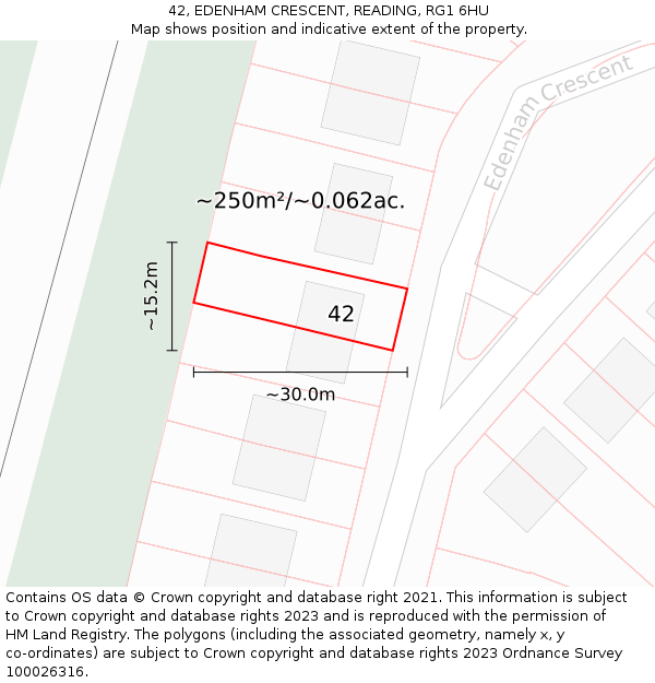 42, EDENHAM CRESCENT, READING, RG1 6HU: Plot and title map