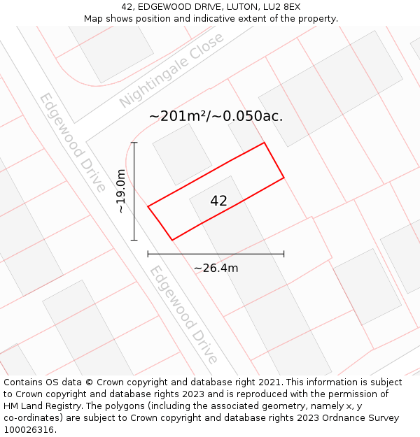 42, EDGEWOOD DRIVE, LUTON, LU2 8EX: Plot and title map