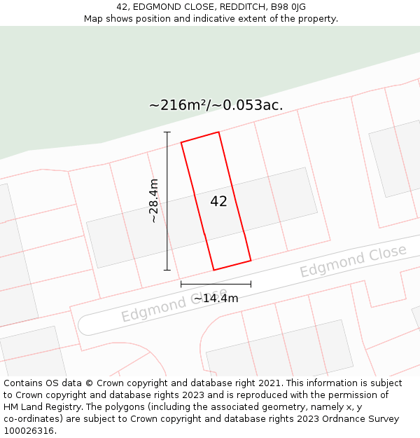 42, EDGMOND CLOSE, REDDITCH, B98 0JG: Plot and title map