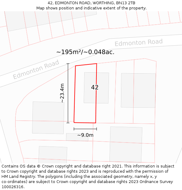 42, EDMONTON ROAD, WORTHING, BN13 2TB: Plot and title map