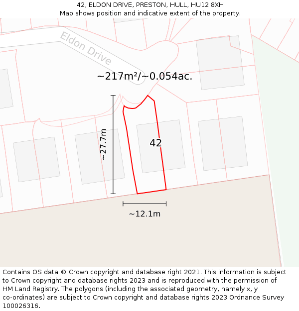 42, ELDON DRIVE, PRESTON, HULL, HU12 8XH: Plot and title map