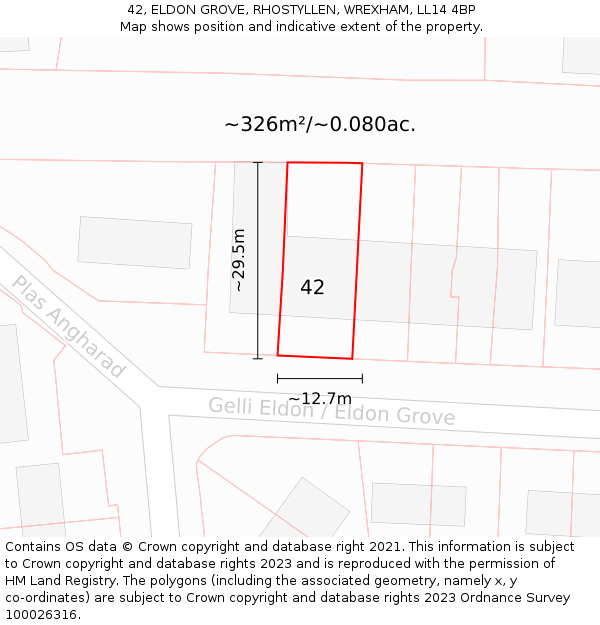 42, ELDON GROVE, RHOSTYLLEN, WREXHAM, LL14 4BP: Plot and title map