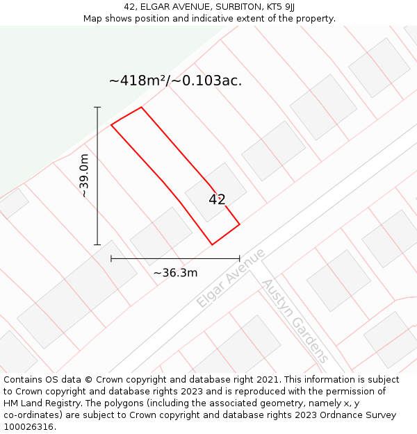 42, ELGAR AVENUE, SURBITON, KT5 9JJ: Plot and title map