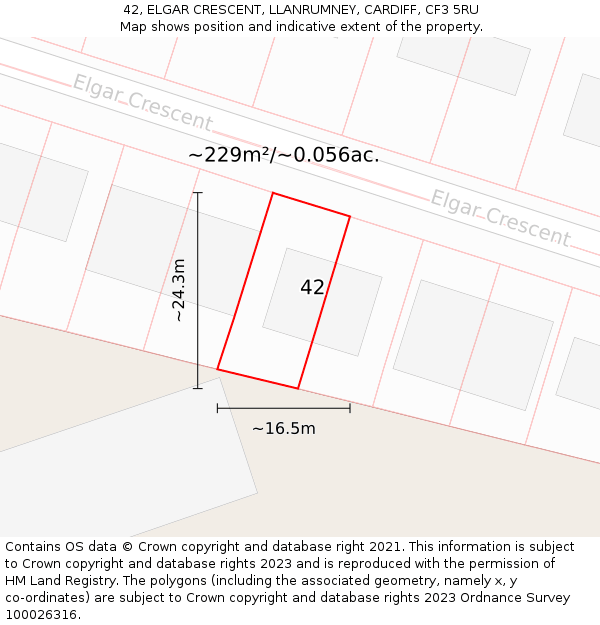 42, ELGAR CRESCENT, LLANRUMNEY, CARDIFF, CF3 5RU: Plot and title map