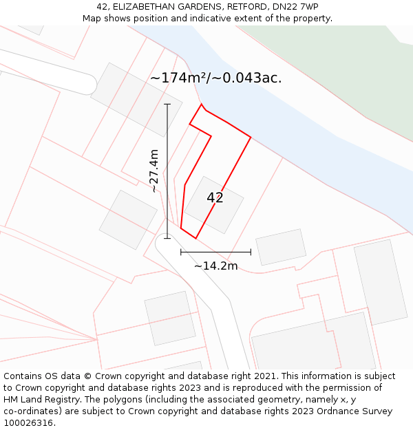42, ELIZABETHAN GARDENS, RETFORD, DN22 7WP: Plot and title map