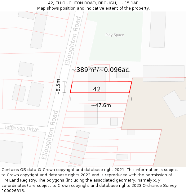 42, ELLOUGHTON ROAD, BROUGH, HU15 1AE: Plot and title map