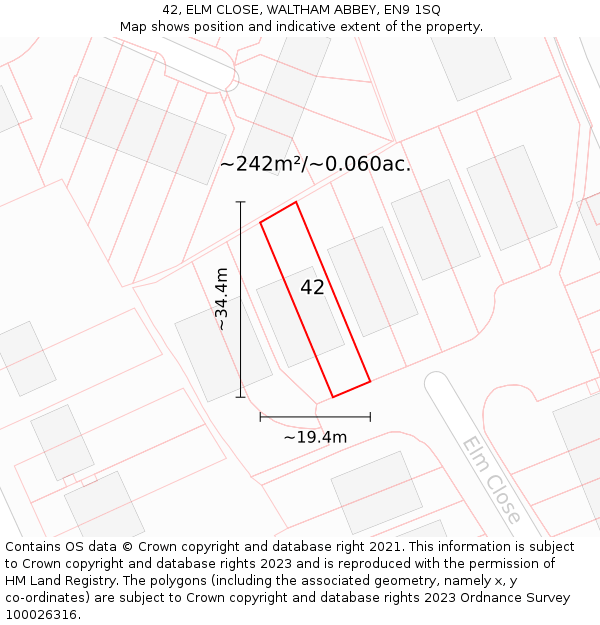 42, ELM CLOSE, WALTHAM ABBEY, EN9 1SQ: Plot and title map