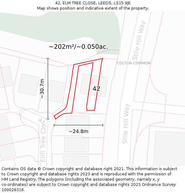 42, ELM TREE CLOSE, LEEDS, LS15 9JE: Plot and title map