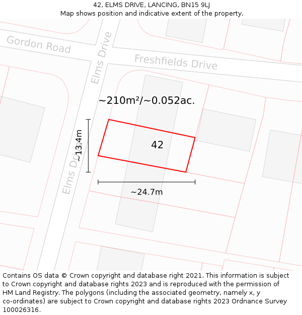 42, ELMS DRIVE, LANCING, BN15 9LJ: Plot and title map