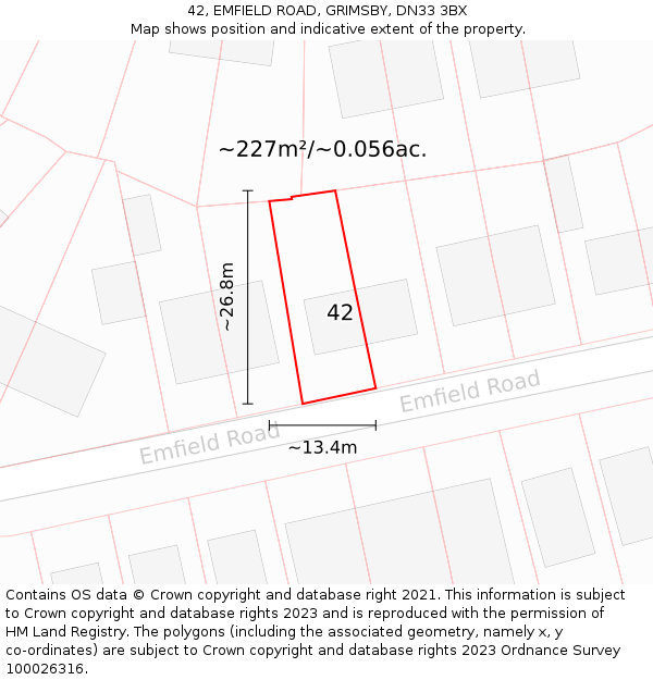 42, EMFIELD ROAD, GRIMSBY, DN33 3BX: Plot and title map