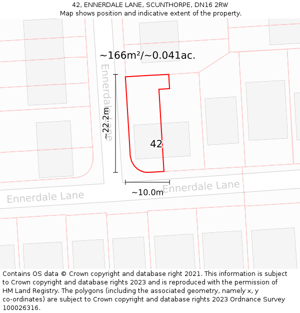 42, ENNERDALE LANE, SCUNTHORPE, DN16 2RW: Plot and title map