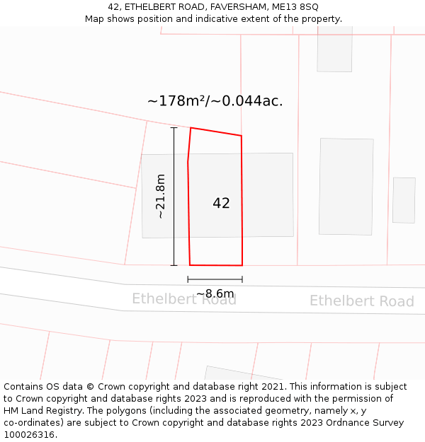 42, ETHELBERT ROAD, FAVERSHAM, ME13 8SQ: Plot and title map
