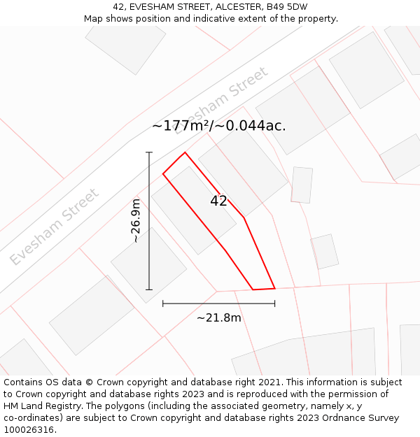 42, EVESHAM STREET, ALCESTER, B49 5DW: Plot and title map