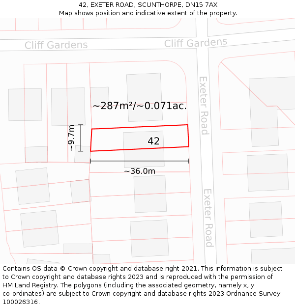 42, EXETER ROAD, SCUNTHORPE, DN15 7AX: Plot and title map