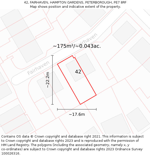42, FAIRHAVEN, HAMPTON GARDENS, PETERBOROUGH, PE7 8RF: Plot and title map