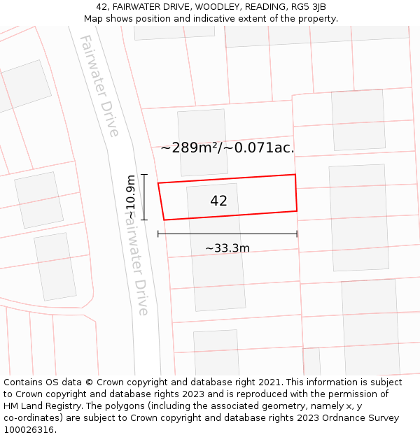 42, FAIRWATER DRIVE, WOODLEY, READING, RG5 3JB: Plot and title map