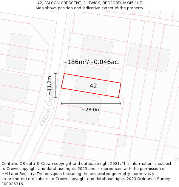 42, FALCON CRESCENT, FLITWICK, BEDFORD, MK45 1LZ: Plot and title map