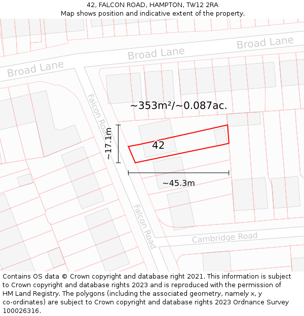 42, FALCON ROAD, HAMPTON, TW12 2RA: Plot and title map