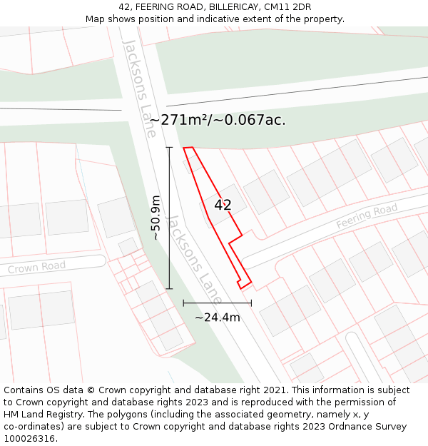 42, FEERING ROAD, BILLERICAY, CM11 2DR: Plot and title map