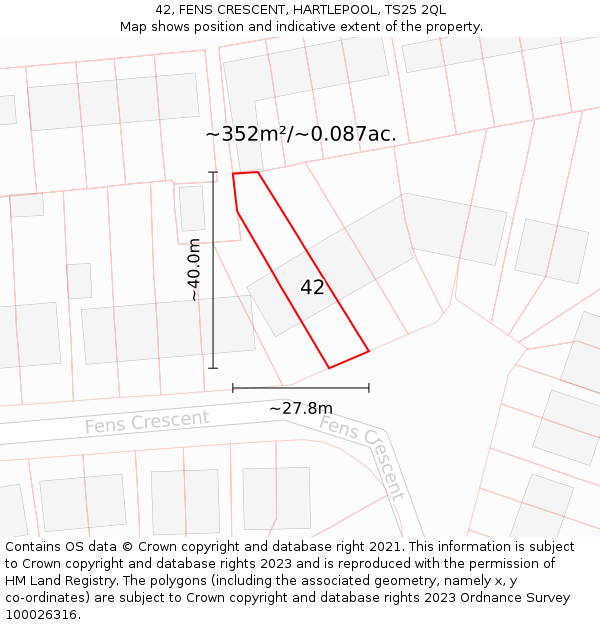 42, FENS CRESCENT, HARTLEPOOL, TS25 2QL: Plot and title map