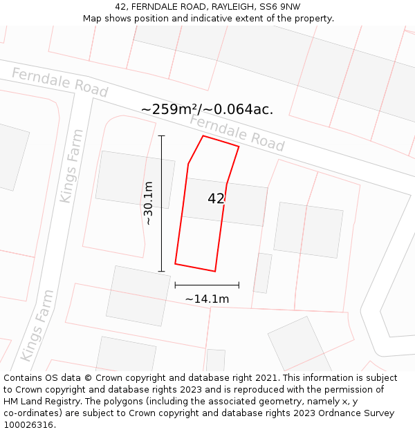 42, FERNDALE ROAD, RAYLEIGH, SS6 9NW: Plot and title map