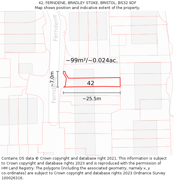 42, FERNDENE, BRADLEY STOKE, BRISTOL, BS32 9DF: Plot and title map