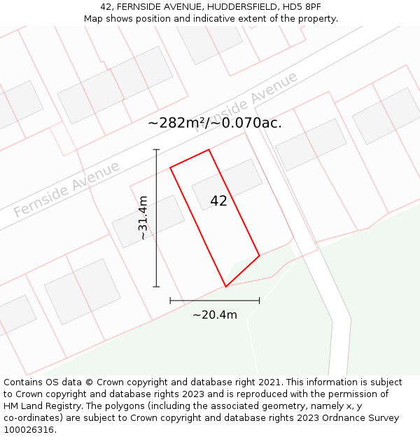 42, FERNSIDE AVENUE, HUDDERSFIELD, HD5 8PF: Plot and title map