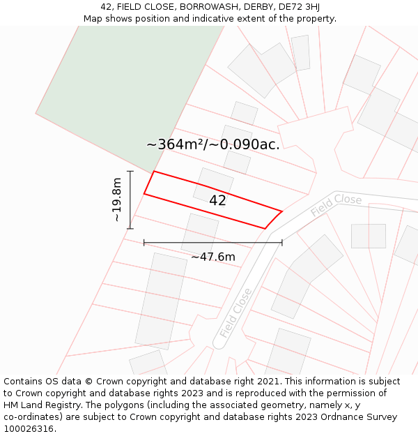 42, FIELD CLOSE, BORROWASH, DERBY, DE72 3HJ: Plot and title map