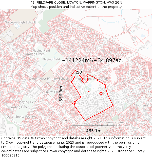 42, FIELDFARE CLOSE, LOWTON, WARRINGTON, WA3 2GN: Plot and title map