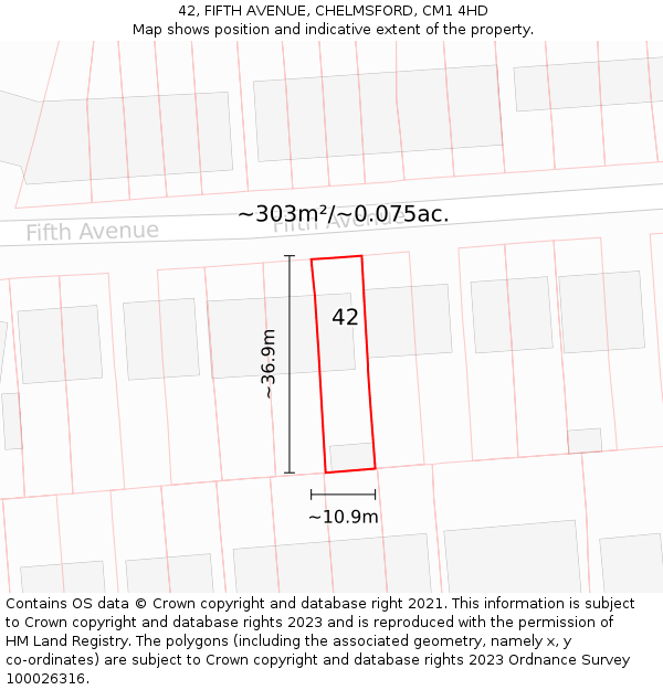 42, FIFTH AVENUE, CHELMSFORD, CM1 4HD: Plot and title map