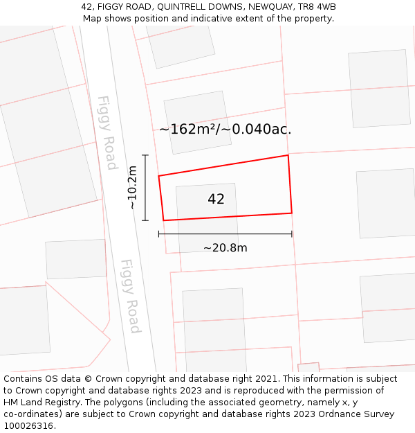 42, FIGGY ROAD, QUINTRELL DOWNS, NEWQUAY, TR8 4WB: Plot and title map