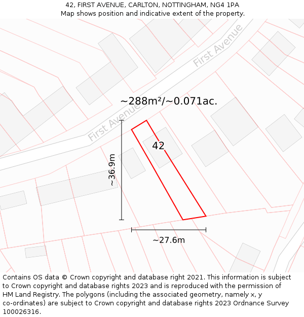 42, FIRST AVENUE, CARLTON, NOTTINGHAM, NG4 1PA: Plot and title map