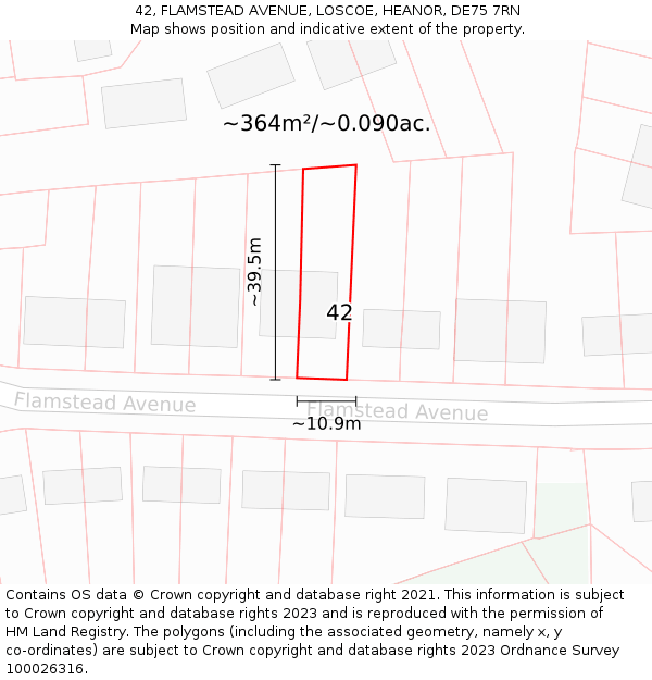 42, FLAMSTEAD AVENUE, LOSCOE, HEANOR, DE75 7RN: Plot and title map
