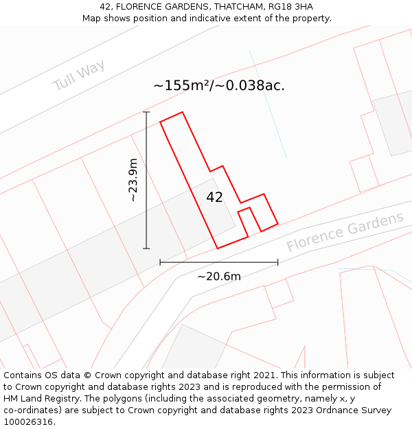 42, FLORENCE GARDENS, THATCHAM, RG18 3HA: Plot and title map