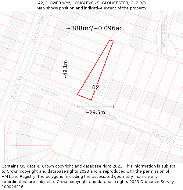 42, FLOWER WAY, LONGLEVENS, GLOUCESTER, GL2 9JD: Plot and title map