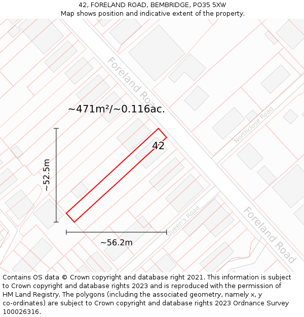 42, FORELAND ROAD, BEMBRIDGE, PO35 5XW: Plot and title map